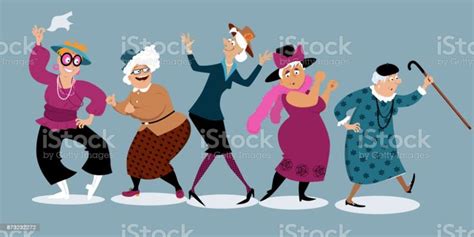 Group Of Active Senior Women Dancing Eps 8 Vector Illustration Old