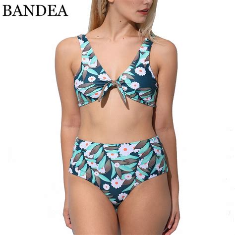 Bandea Sexy High Waist Bikini Vintage Floral Print Swimsuit Women Padded Push Up Swimwear Bow
