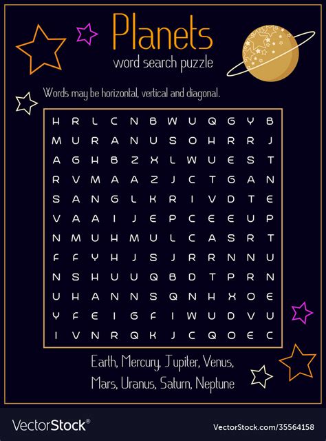 Planets Word Search Puzzle Educational Game Vector Image