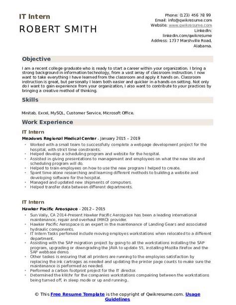 Because you have little to no work experience, your resume should be one page. IT Intern Resume Samples | QwikResume