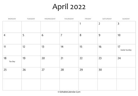 Editable Calendar April 2022