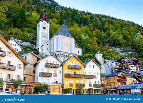 Hallstatt Austria Popular Town With Colorful Historic Houses And