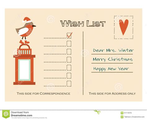 Cute Christmas Card Wish List With Bird And Lantern Flat Design Stock