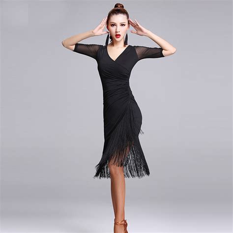 Black Latin Dance Dress Latin Dance Outfit Short Sleeve Latin Dance Tassel Dress Women Female