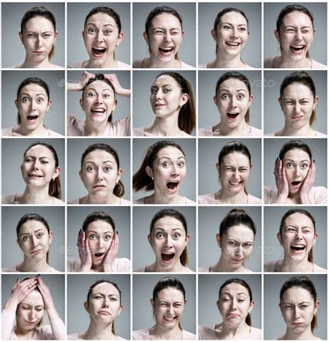 33set Of Young Womans Portraits With Different Emotions On Gray Background2 Facial