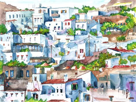 Lindos On Island Rhodes In Greece Watercolor 48x36cm Rart