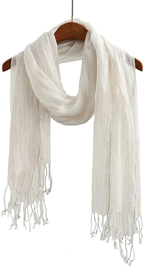 Jeelow 100 Linen Scarf Shawl Wrap Lightweight Light Striped For Men And Women Beige White At