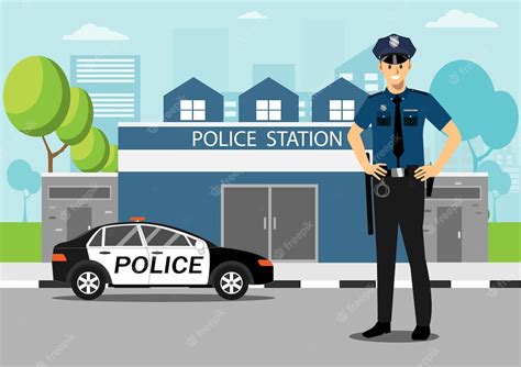 Premium Vector Policeman With Police Car In Front Of Police Station