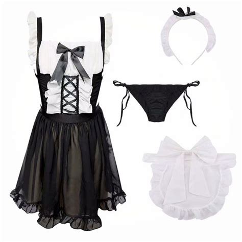 Womens Sexy French Maid Cosplay Costume Lingerie Set Ruffled Sleeveless Apron Dress With