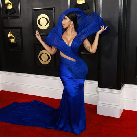 Grammys Cardi B Wears Electric Blue Sculptural Dress