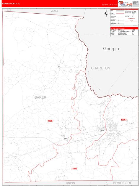 Baker County Fl Zip Code Wall Map Red Line Style By Marketmaps Mapsales