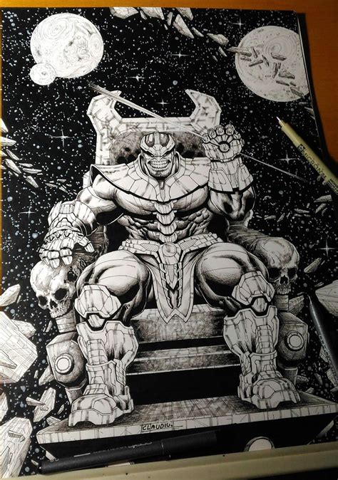 King In The Galaxies Thanos On His Throne Commission Drawing Inks On