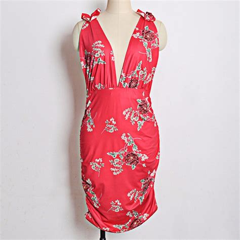 Womens Red Printed Floral Summer Dress 2018 Sexy V Neck Backless