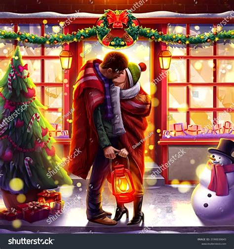 Merry Christmas Illustration Lovers Kissing Christmas Stock