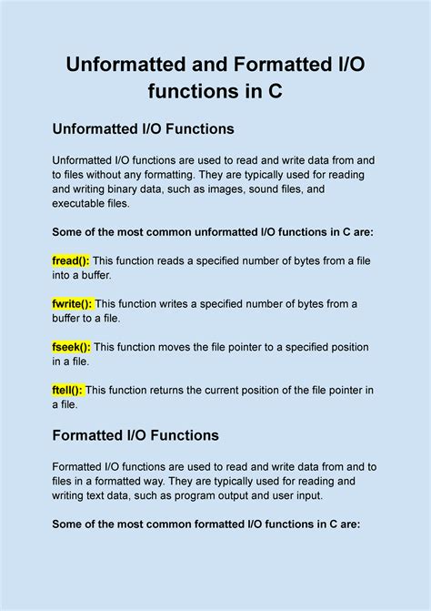 Unformatted And Formatted I And O Functions In C Unformatted And