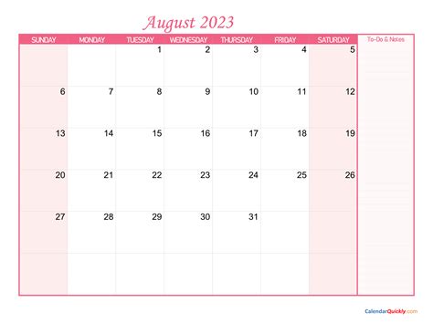 August Calendar 2023 With Notes Calendar Quickly