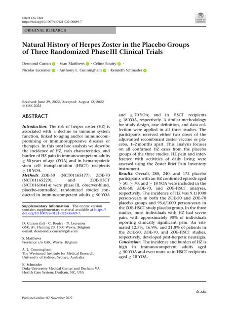 Pdf Natural History Of Herpes Zoster In The Placebo Groups Of Three