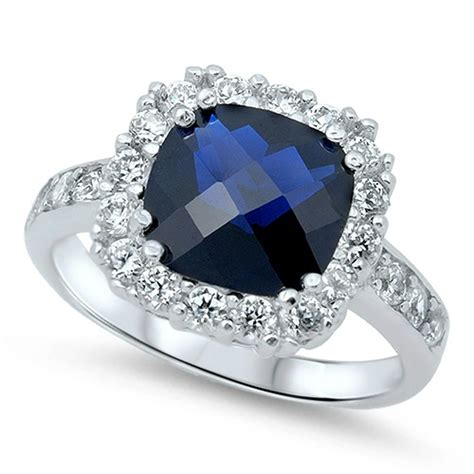 Sac Silver Wedding Blue Simulated Sapphire Halo Promise Ring Sizes