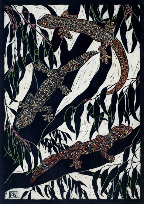 Geckos 49 X 355 Cm Edition Of 50 Hand Coloured Linocut On Handmade