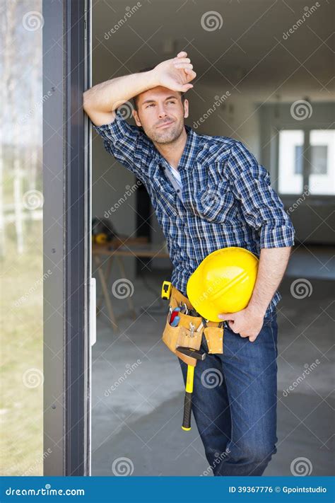 Handsome Construction Worker Stock Photo Image Of Leaning Home 39367776