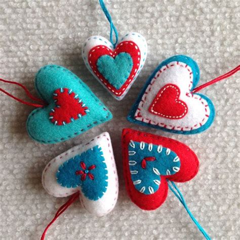 Felt Heart Ornaments In Aqua Red And White Set Of Etsy Felt