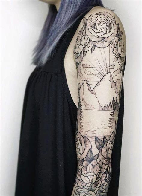 Mountain And Floral Black And White Sleeve Tattoo Greattattoosforgirls