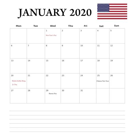 January 2020 Holidays Calendar