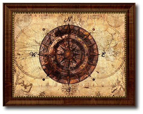compass vintage nautical map print on canvas with picture frame beach style prints and