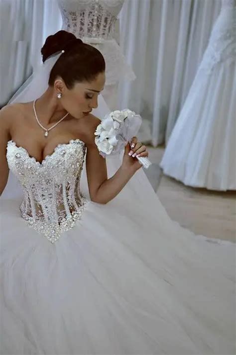 Luxurious Bling Strapless Wedding dresses Corset Bodice Sheer Bridal