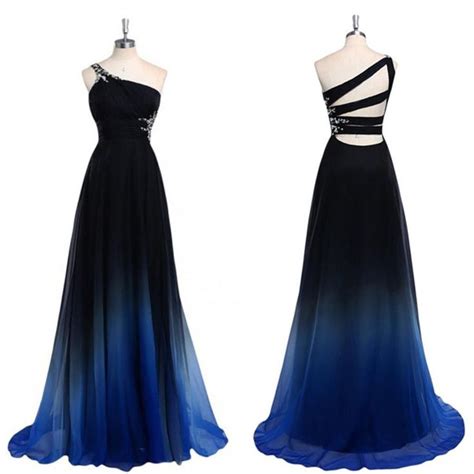 Chiffon Cheap One Shoulder Backless Gradient Black Blue Popular Unique Pretty Prom Dresses