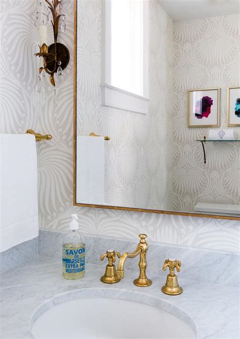 Powder Room With Farrow And Ball Lotus Wallpaper And Gold Mirror