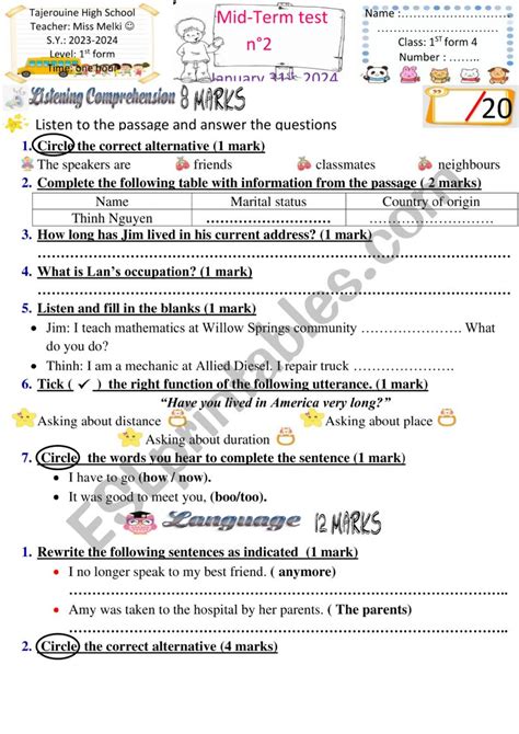 1st Form Mid Term Test N2 Esl Worksheet By English Teacher 38
