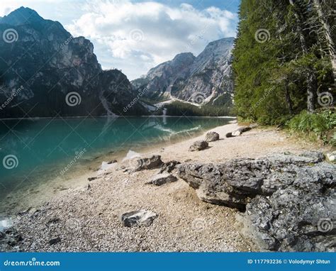 Amazing View Of Braies Lake Lago Di Braies With Summer Forest And