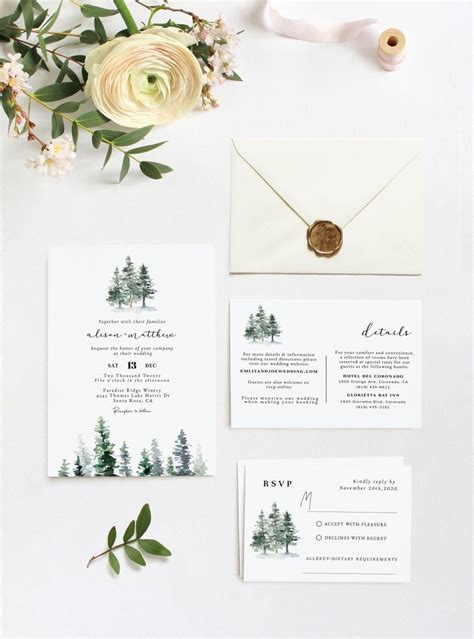 Winter Evergreen Wedding Rustic Pine Tree Wedding Invitation Etsy