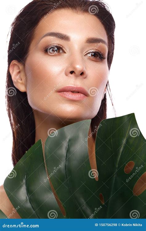 Beautiful Fresh Woman With Perfect Skin Natural Make Up And Green
