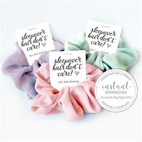 Printable Sleepover Favor Tag For Hair Scrunchies Etsy Scrunchie Hairstyles Bridesmaid T