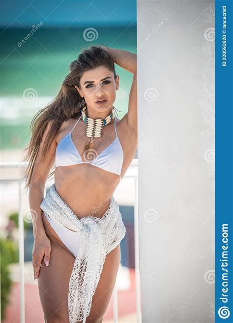 Portrait Of Professional Swimwear Model Posing Provocatively Outdoor