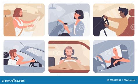 People Driving Car Set Man Woman Wearing Seat Belt Sitting Inside Car