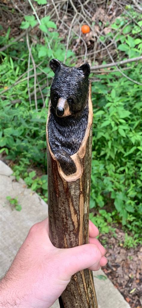Bear Walking Stick Bear Wood Carving Hand Carved Wood Art Bear