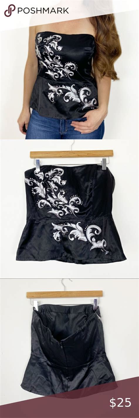 Whbm Black Strapless Bustier Top 8 Jeweled Embellished Satin Sexy Embroidered Bustier Top