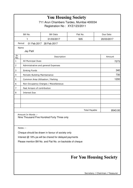 Housing Society Maintenance Bill Format In Excel Free Download