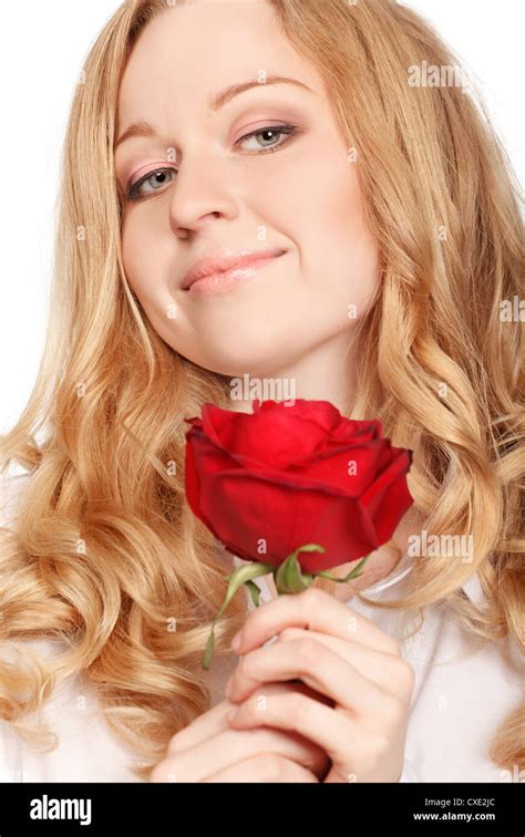 Beautiful Young Woman With Red Rose Stock Photo Alamy