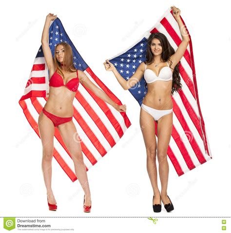 Beautiful Girl In Bikini Holding The Usa Flag Stock Photo Image Of