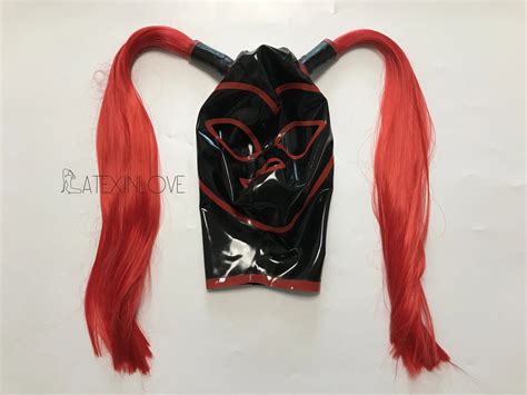Sexy Black Latex Hood Mask Hair Open Red Eyes Mouth With Two Ponytails