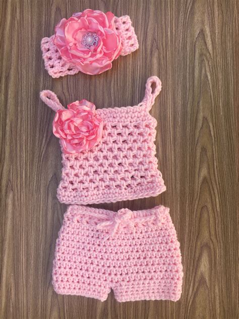 Crochet Baby Shorts And Tank Top With Matching Flower Headband