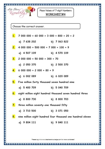 Grade 5 Maths Resources 7 Digit Numbers Printable Worksheets Lets