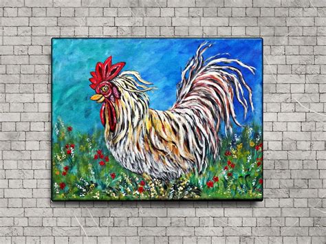 Acrylic On Canvas Original Chicken Painting Whimsical Kitchen Rooster