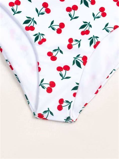 Cherry Print Cut Out One Shoulder Bikini Swimsuit