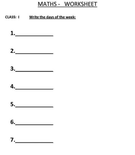 Write The Days Of The Week Class 1 Maths Worksheet