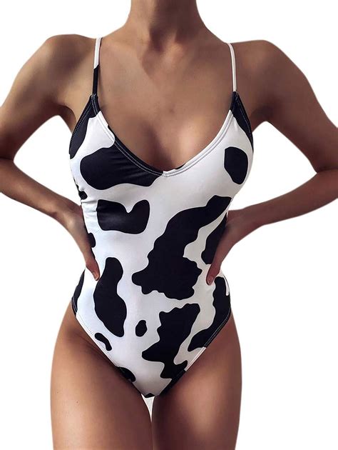 Mingseecess Women Sexy Cow Print One Piece Swimwear Bathing Suit